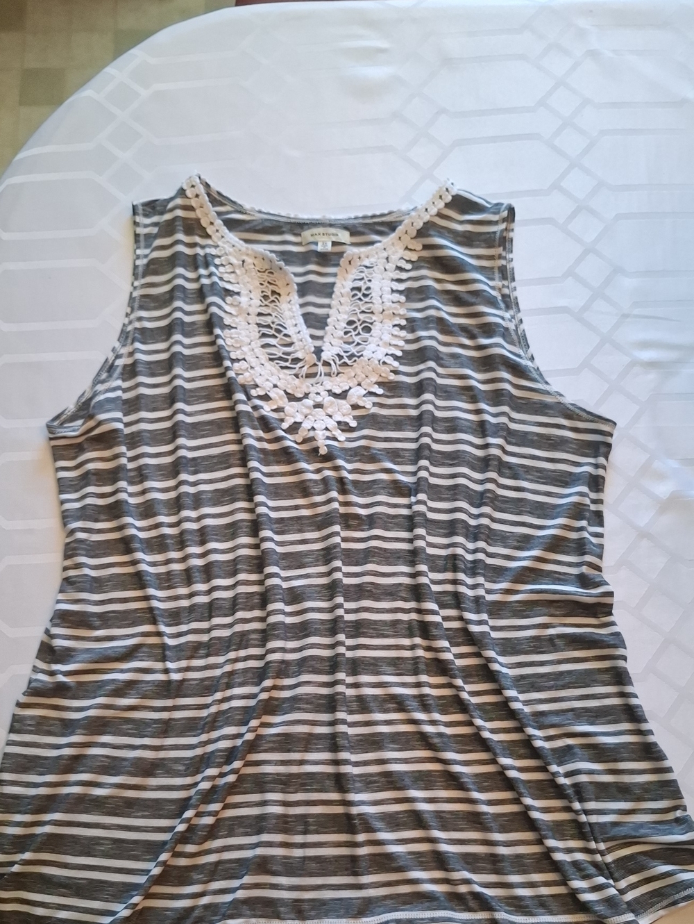 Max Studio Black & White Striped Crochet-Trim Tank